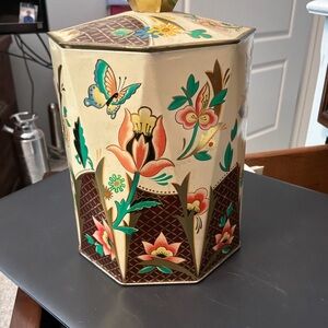 Vintage Floral Hexagonal Tin with Butterfly Design